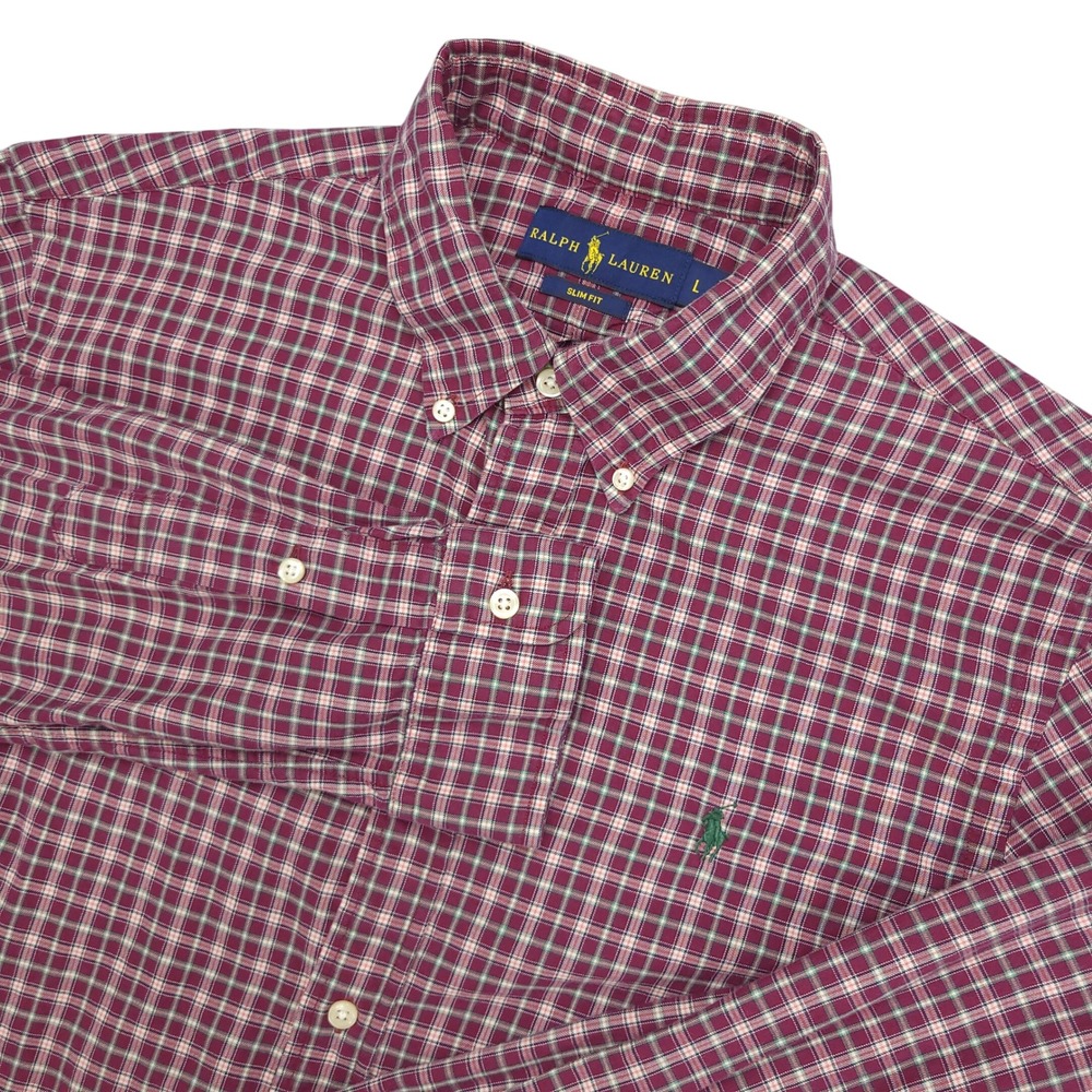 Ralph Lauren Dress Shirt Men's L Burgundy White Plaid Slim Fit Poplin